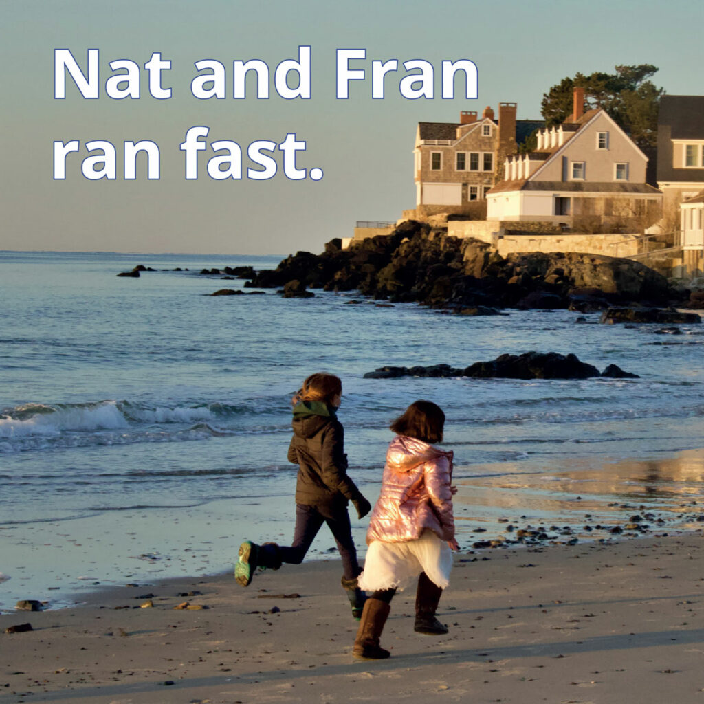 Sand reader image of two children running on beach near house