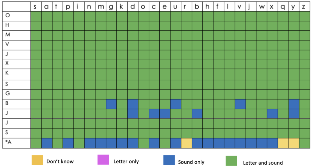 Letter name and sound assessment tracker with legend for colour coding showing 6 month progress