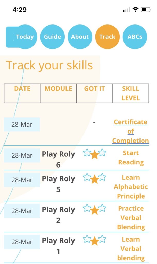 Play Roly App tracker image with icons and progress sections